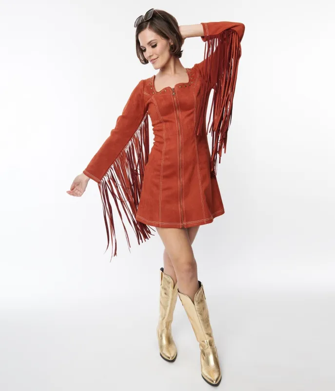 Smak Parlour Rust Suede Shift Fringe Dress sold by Unique Vintage