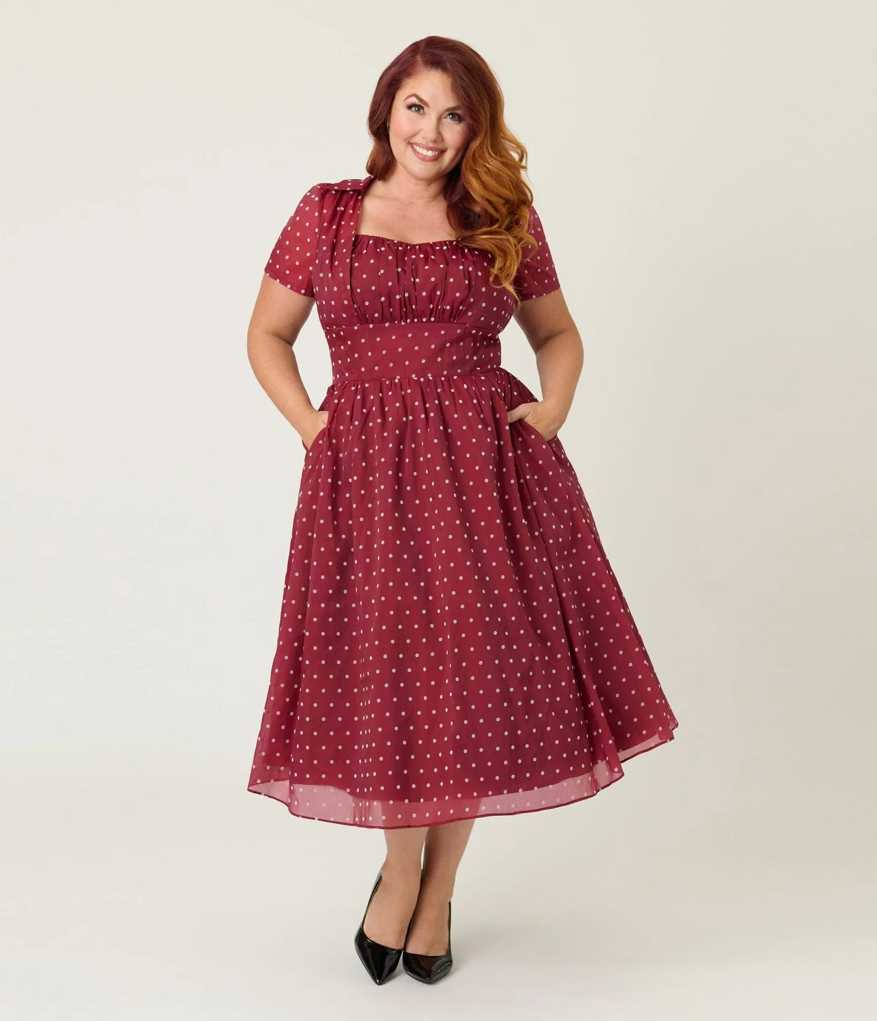 Unique Vintage Plus Size Burgundy & White Swiss Dot Libby Swing Dress sold by Unique Vintage product image thumbnail 3