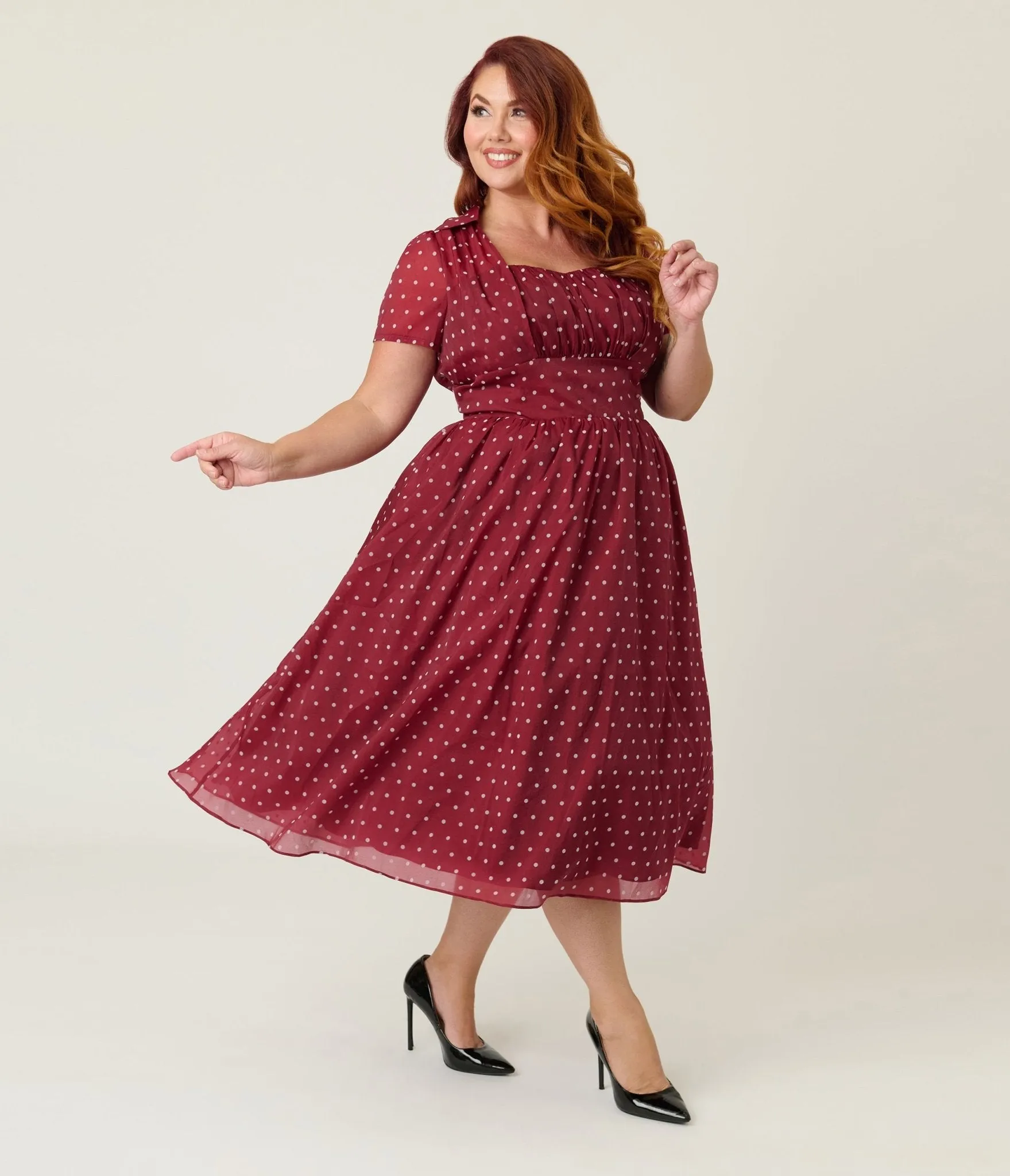 Unique Vintage Plus Size Burgundy & White Swiss Dot Libby Swing Dress sold by Unique Vintage product image thumbnail 4
