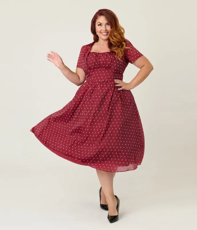 Unique Vintage Plus Size Burgundy & White Swiss Dot Libby Swing Dress made by Unique Vintage