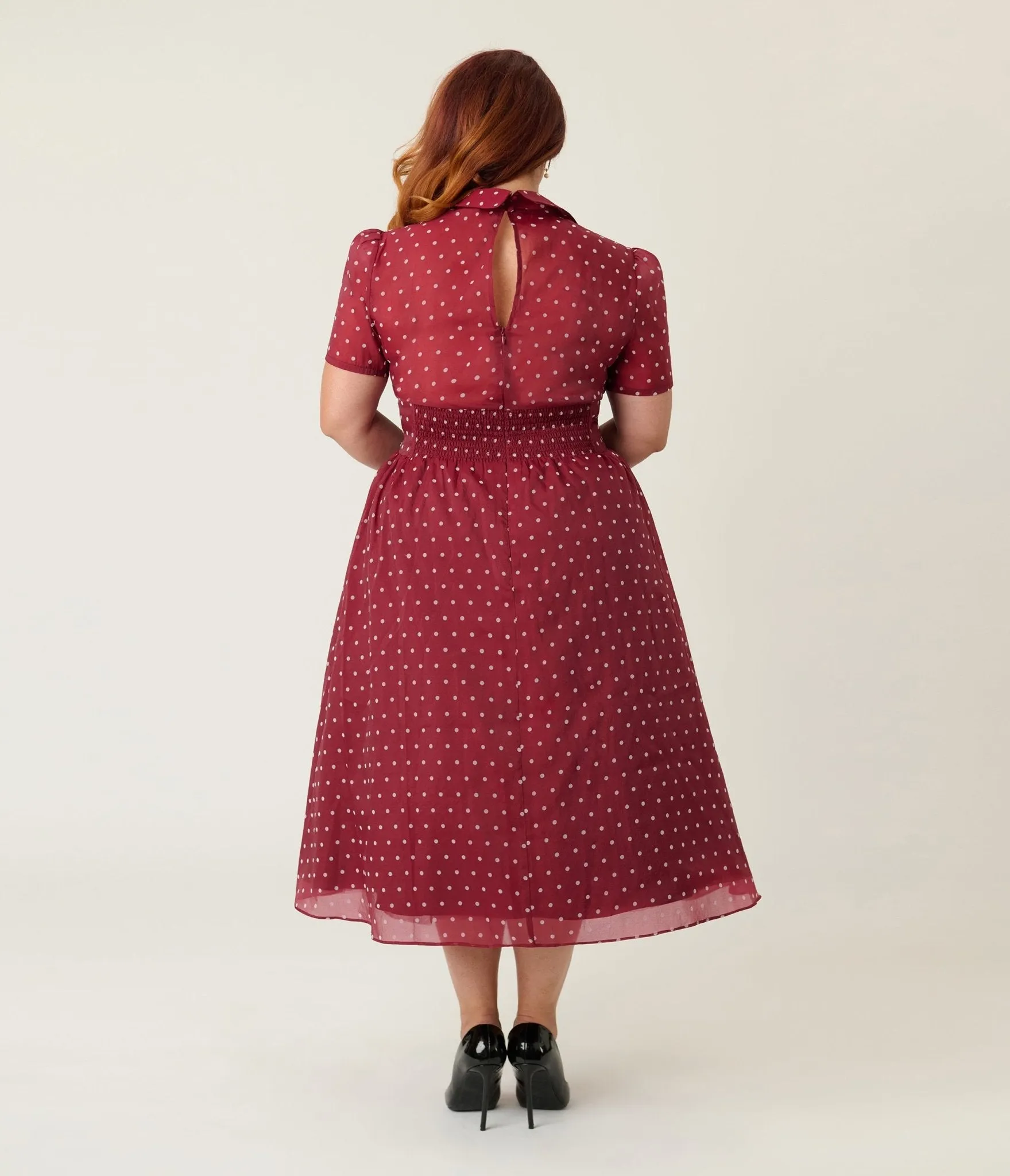 Unique Vintage Plus Size Burgundy & White Swiss Dot Libby Swing Dress sold by Unique Vintage product image thumbnail 2