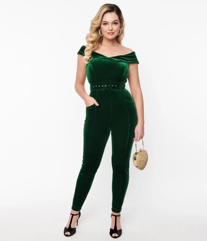 Unique Vintage Emerald Velvet Gillian Jumpsuit sold by Unique Vintage