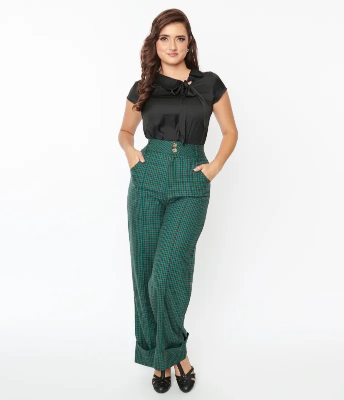 Voodoo Vixen 1940s Green Plaid High Waist Trousers sold by Unique Vintage