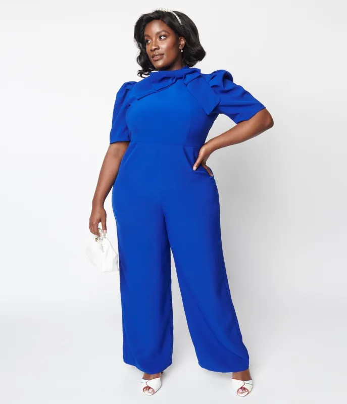Royal Blue Rica Suave Tie Neck Jumpsuit sold by Unique Vintage