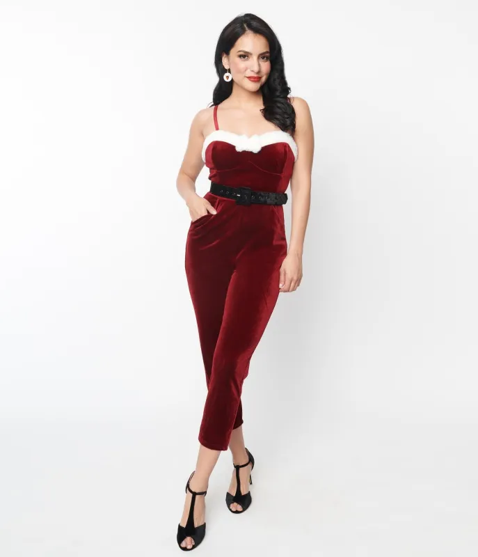 Unique Vintage Wine Red Velvet & White Faux Fur Cropped Jumpsuit sold by Unique Vintage