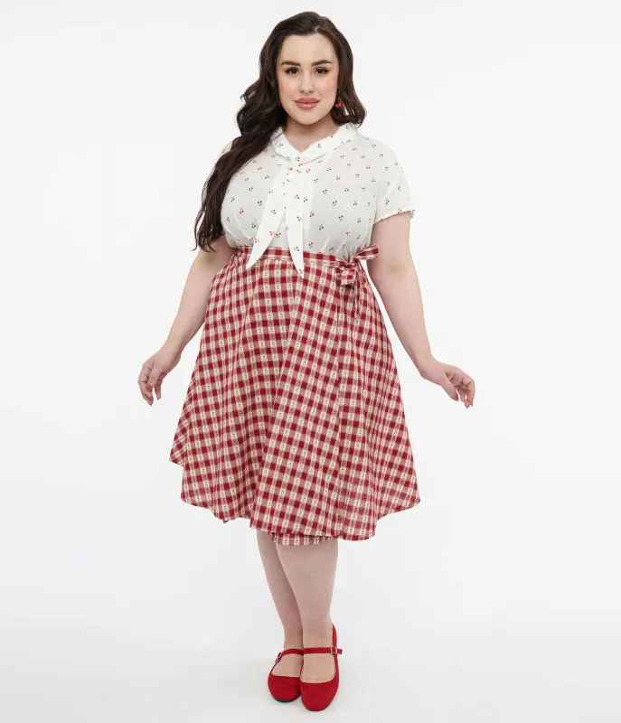 Plus Size 1950s Red Plaid Cherry Cotton Wrap Swing Skirt sold by Unique Vintage