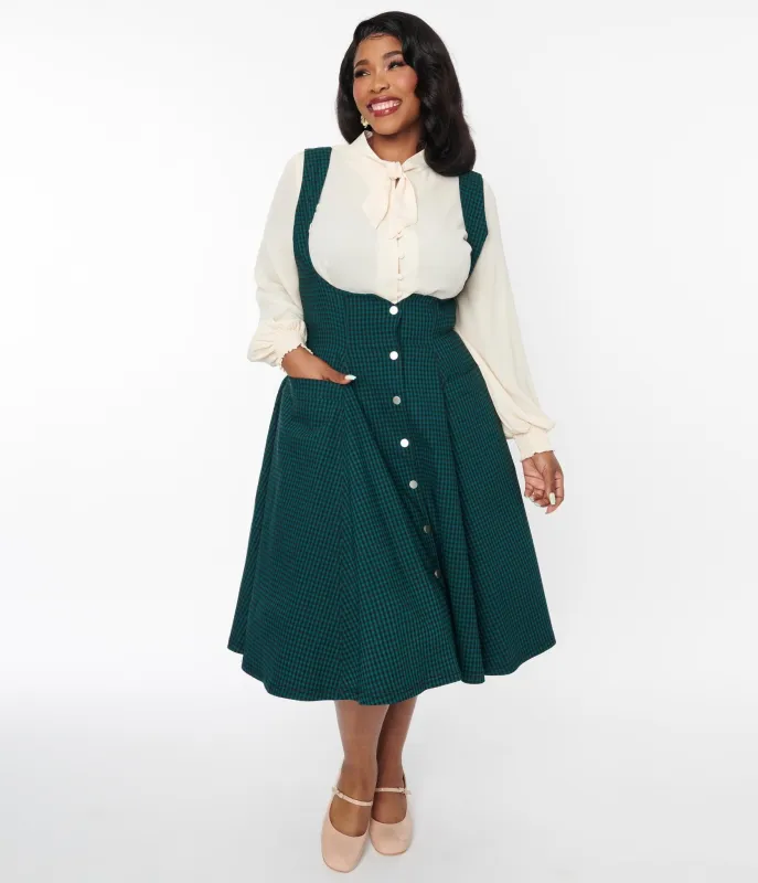 Unique Vintage Emerald & Black Gingham Button Suspender Swing Skirt sold by Unique Vintage
