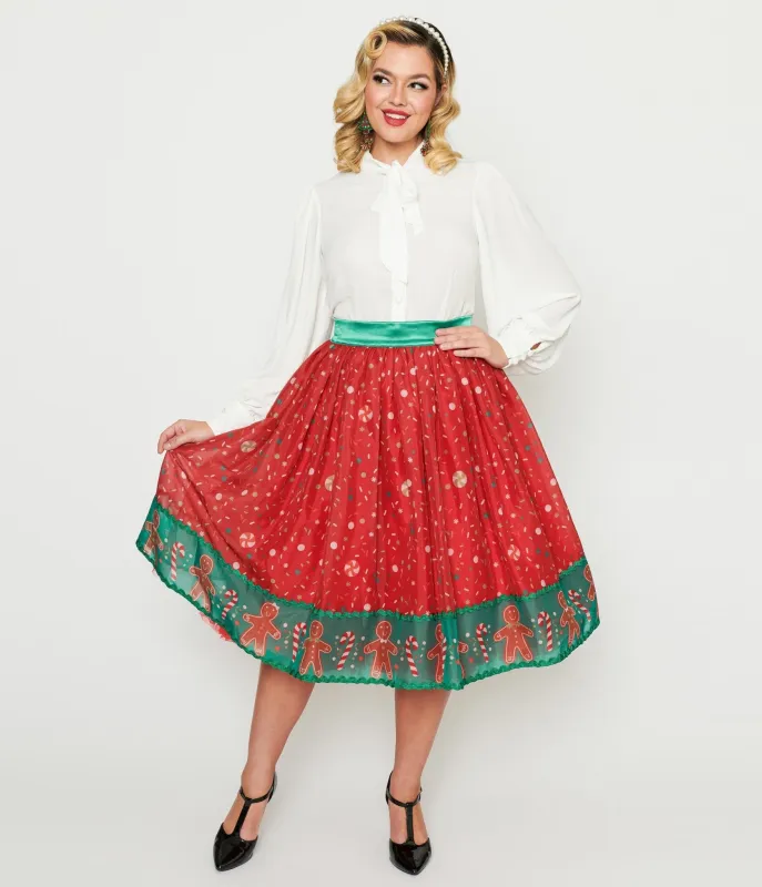 Unique Vintage Red Gingerbread Border Brilliance Swing Skirt sold by Unique Vintage