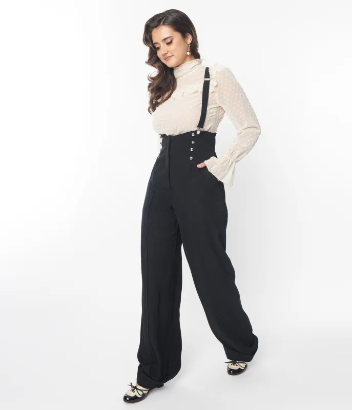 Unique Vintage 1940s Black Wide Leg Suspender Pants sold by Unique Vintage