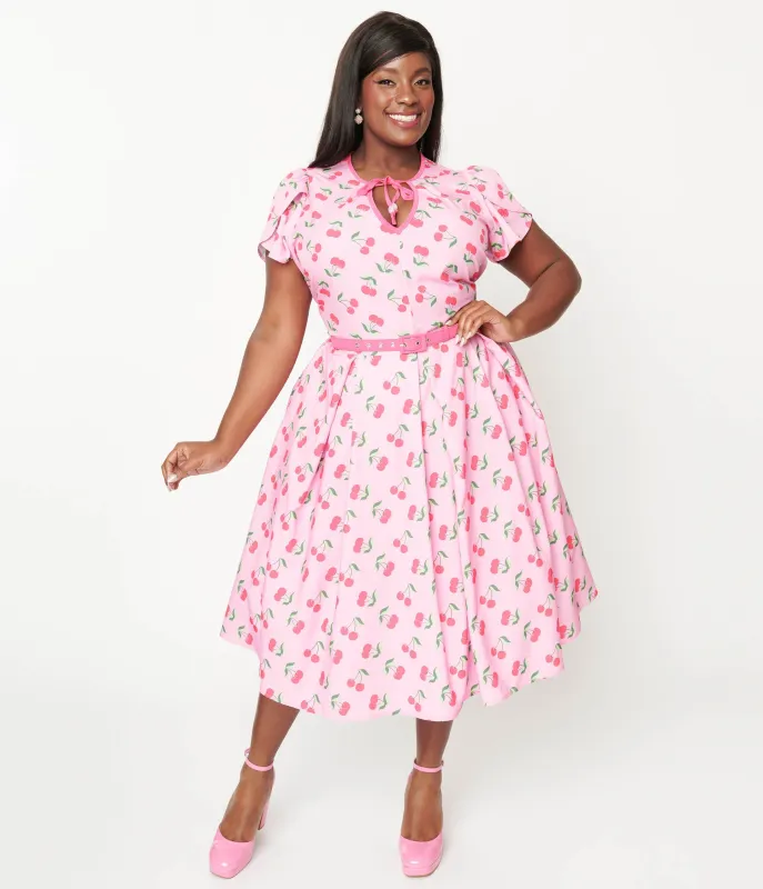 Unique Vintage Plus Size Lavender & Hot Pink Cherry Print Dahlia Swing Dress sold by Unique Vintage