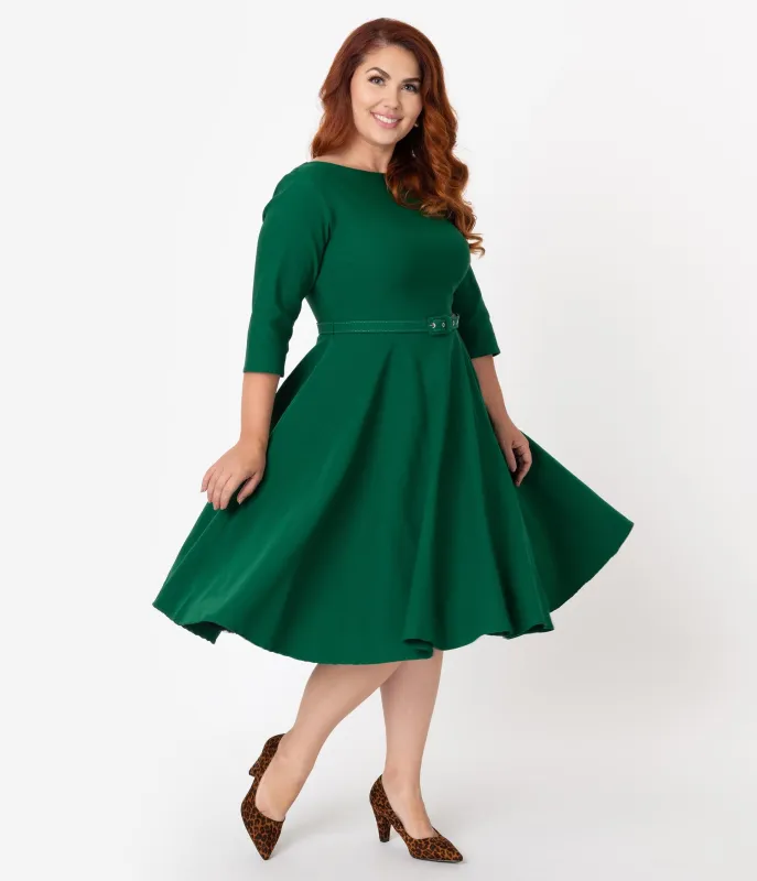Unique Vintage Plus Size 1950s Style Emerald Green Stretch Sleeved Devon Swing Dress sold by Unique Vintage