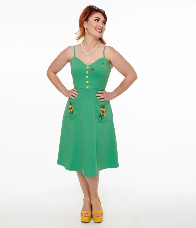 Voodoo Vixen 1950s Green Sunflower & Bee Embroidered Fit & Flare Dress sold by Unique Vintage