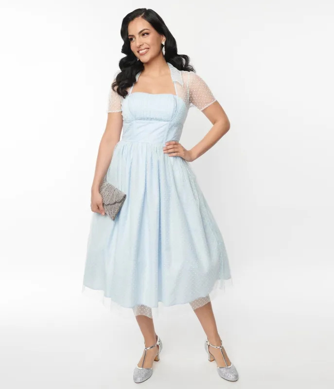 Unique Vintage 1940s Pale Blue Dot Libby Swing Dress made by Unique Vintage