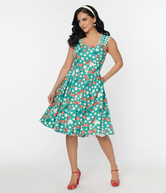 Unique Vintage Teal Strawberry Floral Picnic Swing Dress sold by Unique Vintage