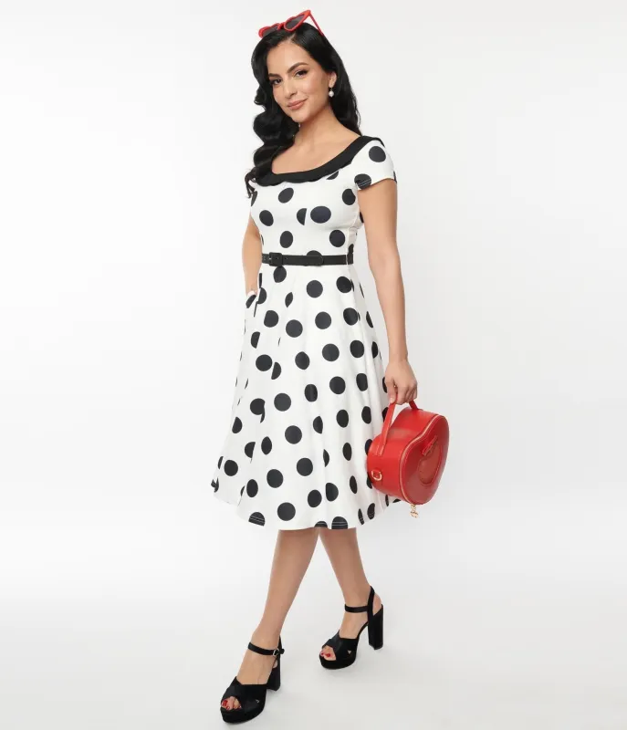 Unique Vintage Ivory & Black Dot Contrast Collared Swing Dress sold by Unique Vintage