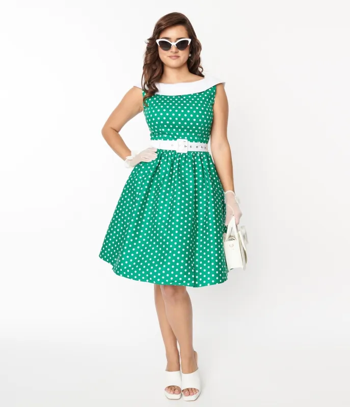 Dolly & Dotty Green & White Polka Dot Cindy Swing Dress sold by Unique Vintage