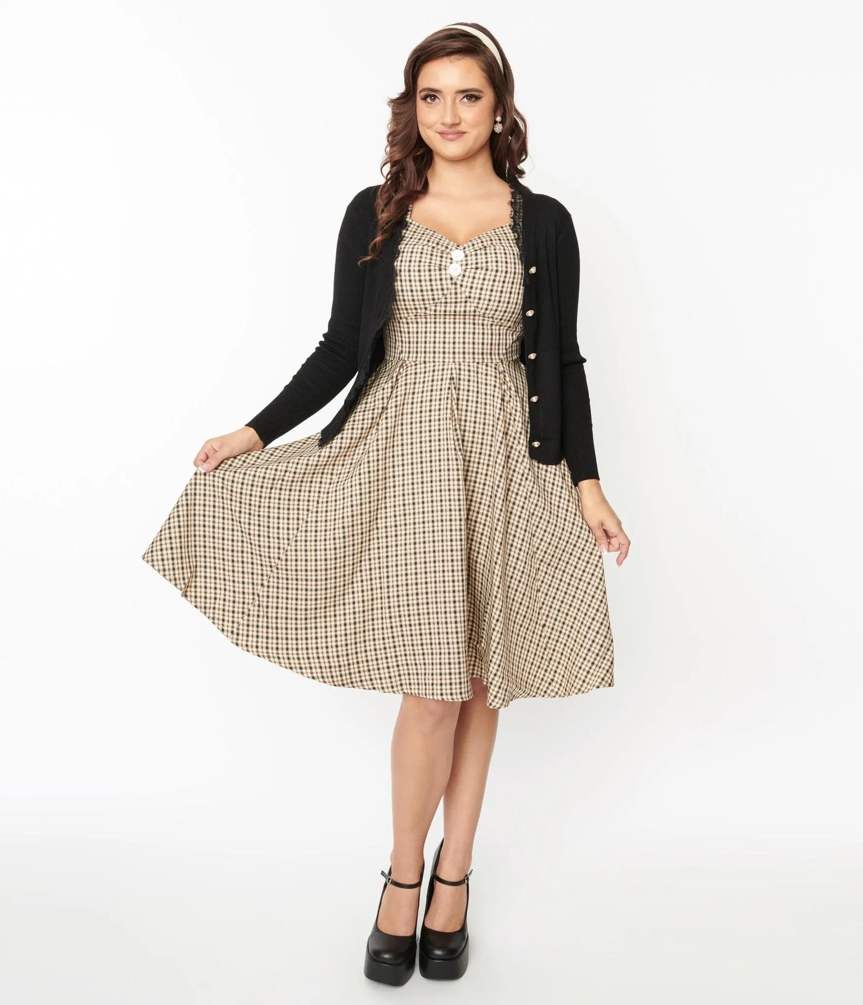 Beige & Black Gingham Swing Dress sold by Unique Vintage