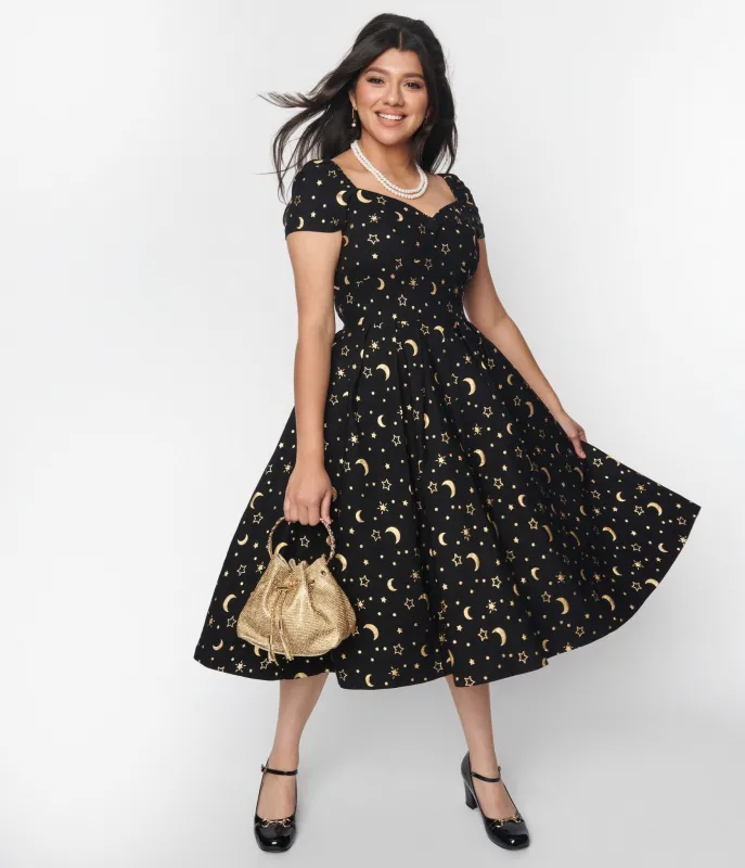 Unique Vintage Black & Gold Moon & Stars Midge Swing Dress sold by Unique Vintage