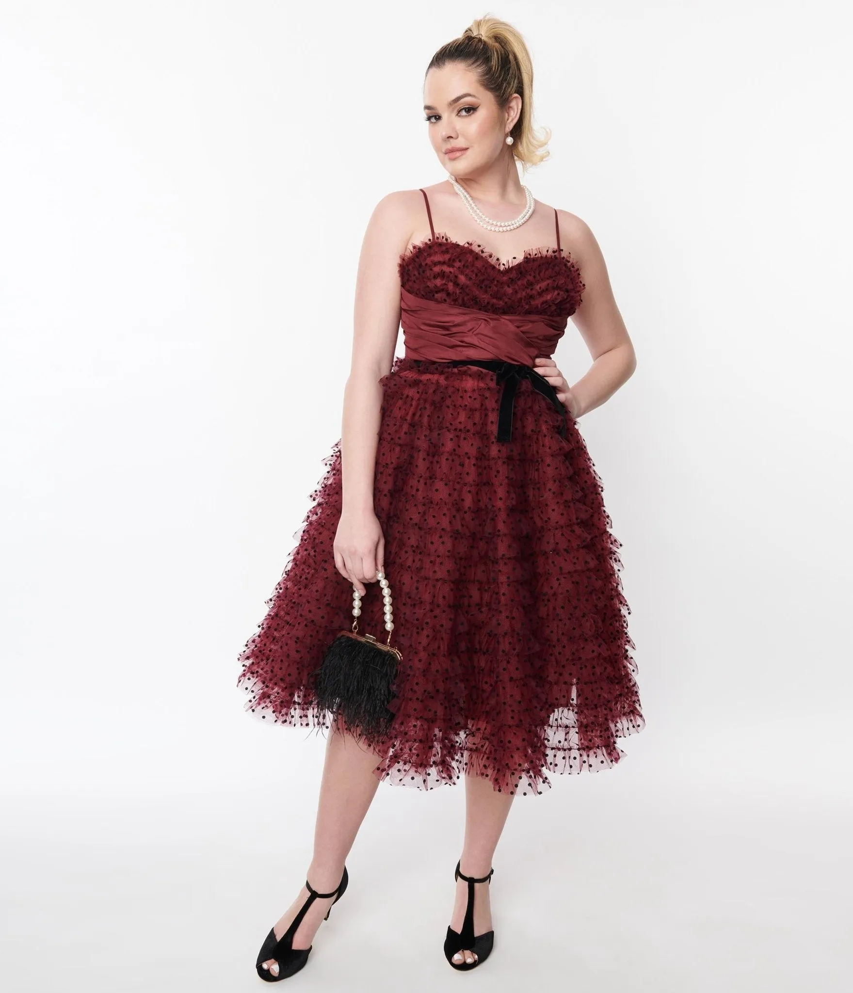 Unique Vintage Burgundy & Black Polka Dot Tulle Cupcake Swing Dress sold by Unique Vintage product image thumbnail 4