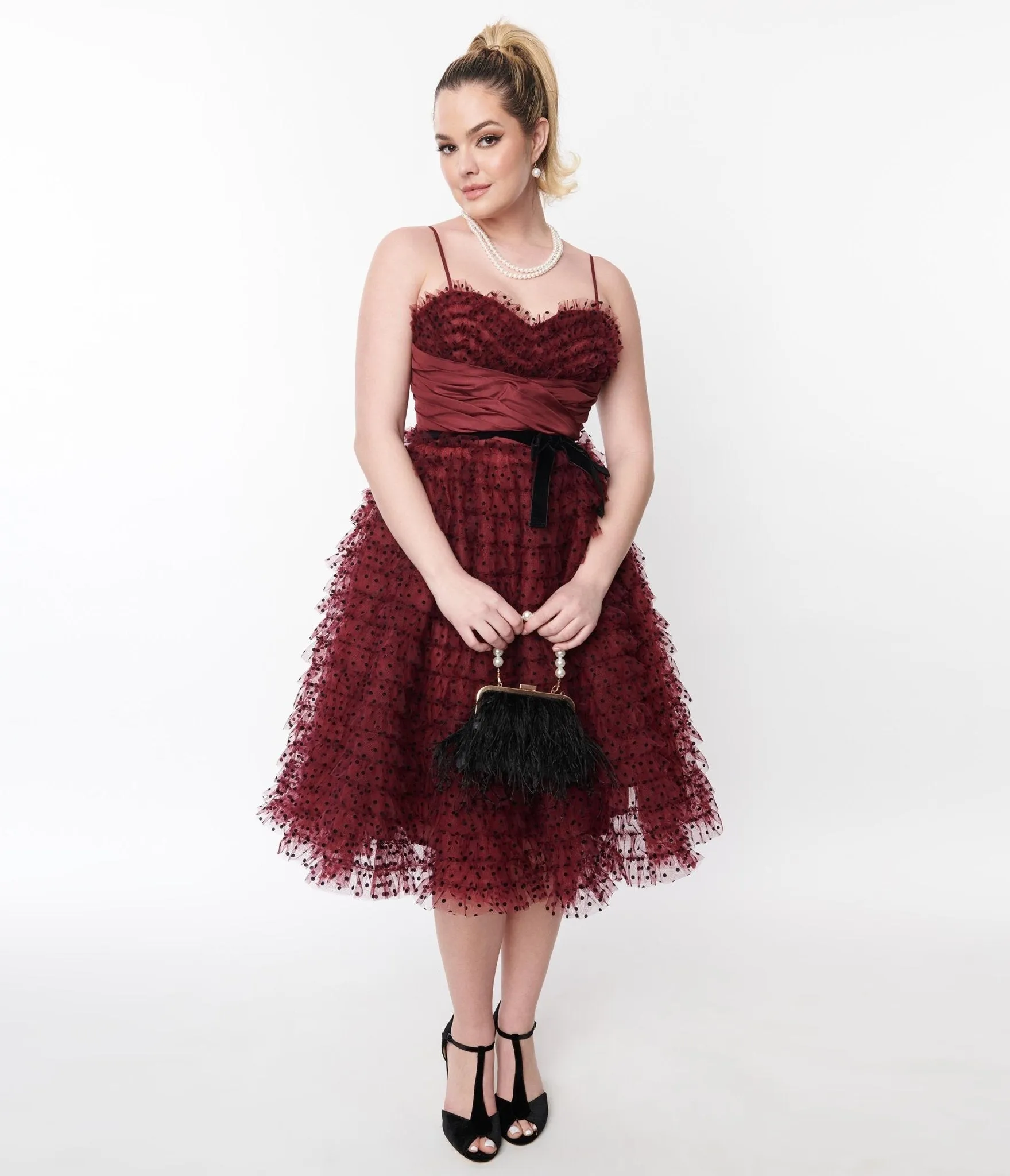 Unique Vintage Burgundy & Black Polka Dot Tulle Cupcake Swing Dress sold by Unique Vintage