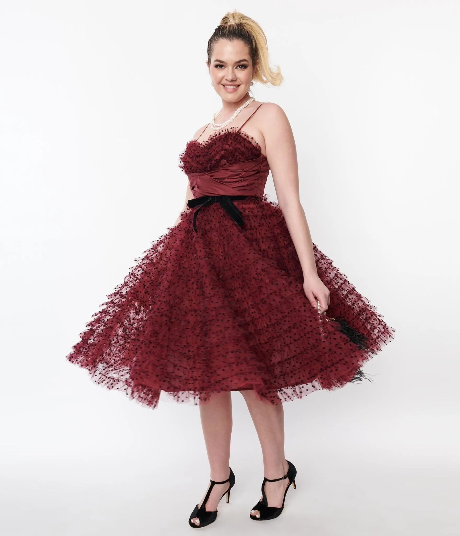 Unique Vintage Burgundy & Black Polka Dot Tulle Cupcake Swing Dress sold by Unique Vintage product image thumbnail 5