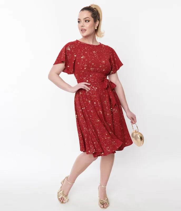 Unique Vintage 1930s Deep Red & Gold Star Swing Dress sold by Unique Vintage