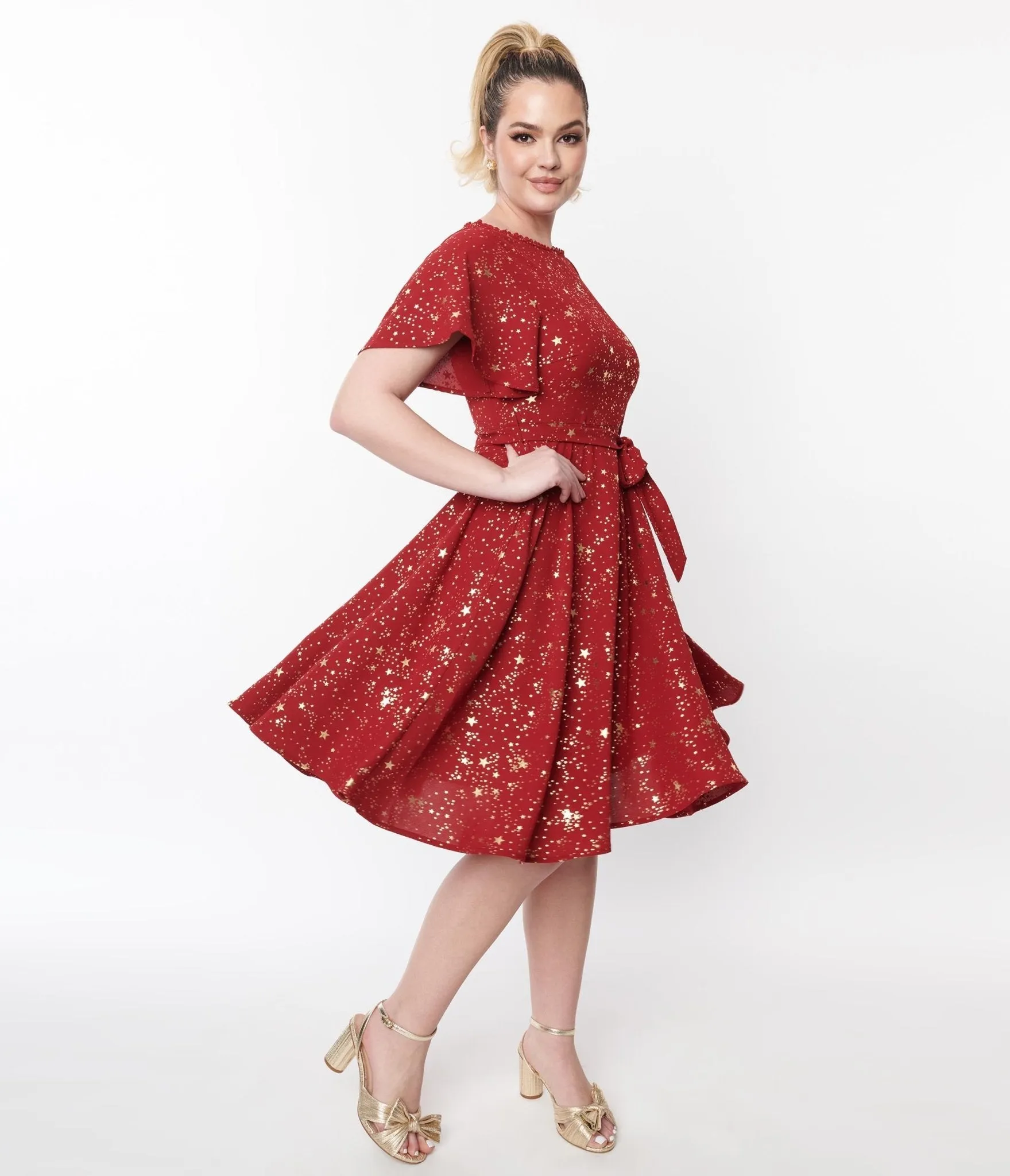Unique Vintage 1930s Deep Red & Gold Star Swing Dress sold by Unique Vintage product image thumbnail 5