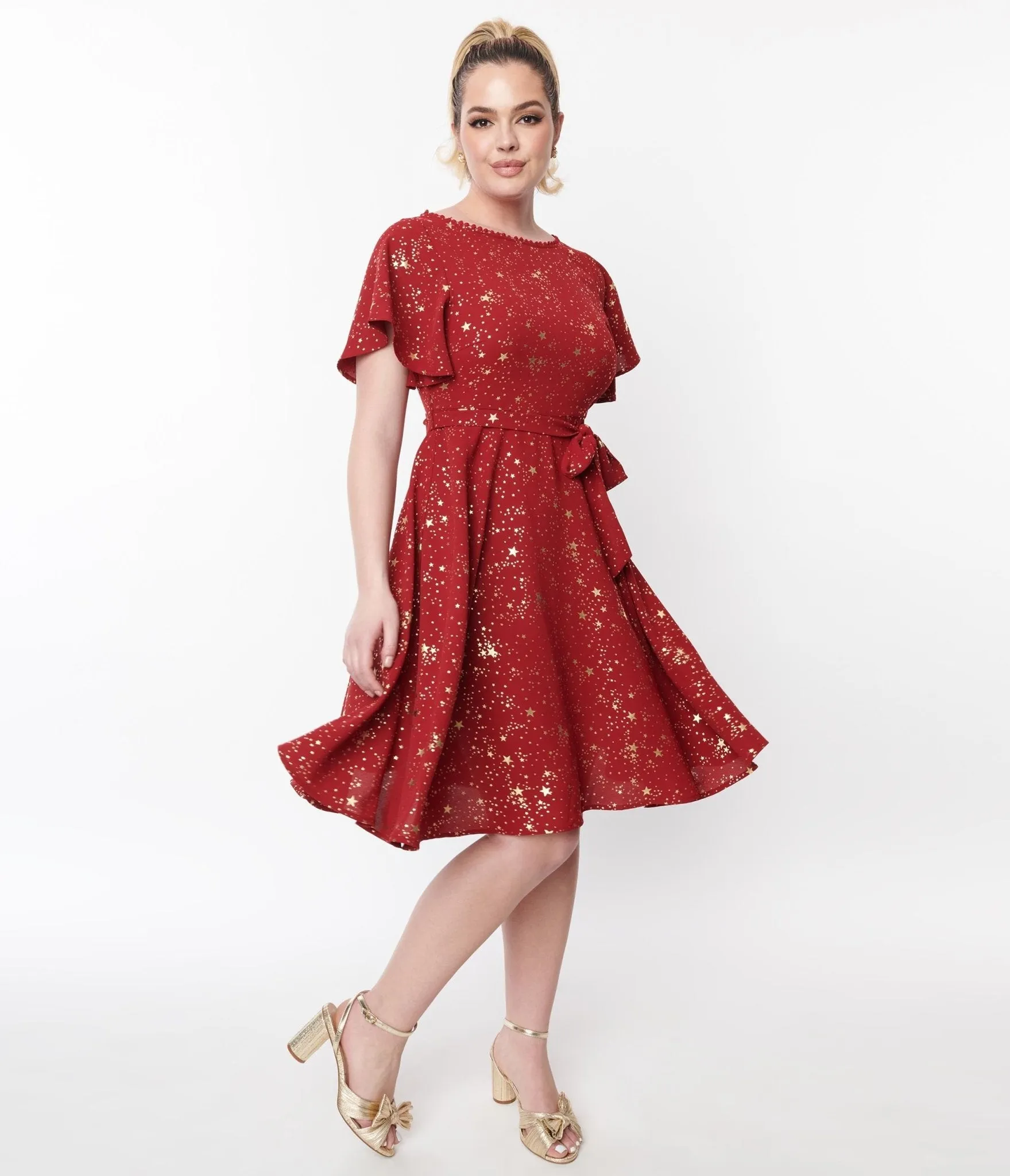 Unique Vintage 1930s Deep Red & Gold Star Swing Dress sold by Unique Vintage product image thumbnail 4