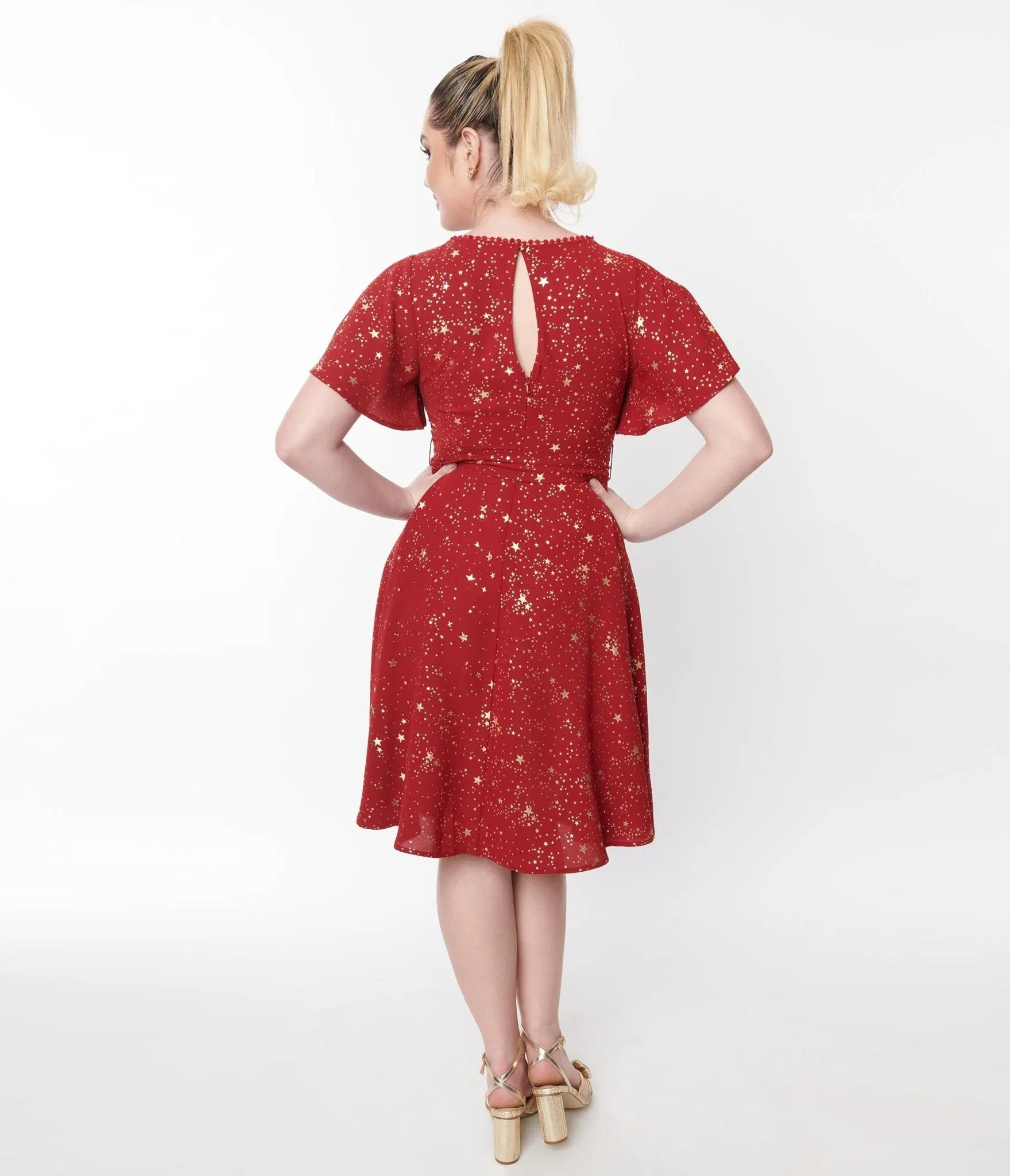 Unique Vintage 1930s Deep Red & Gold Star Swing Dress sold by Unique Vintage product image thumbnail 3