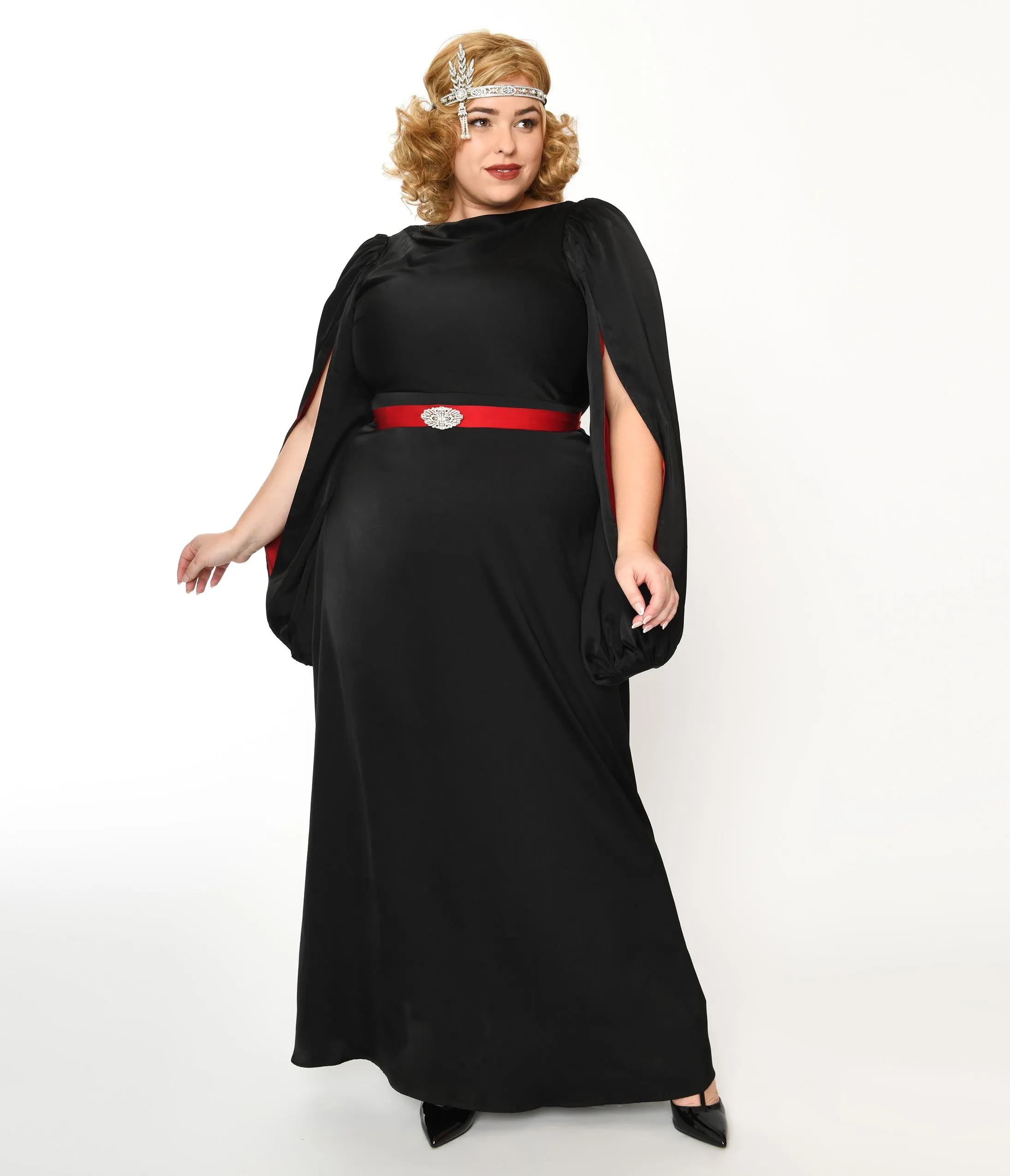 The Great Gatsby x Unique Vintage Plus Size Black Satin & Red Contrast Evening Gown sold by Unique Vintage