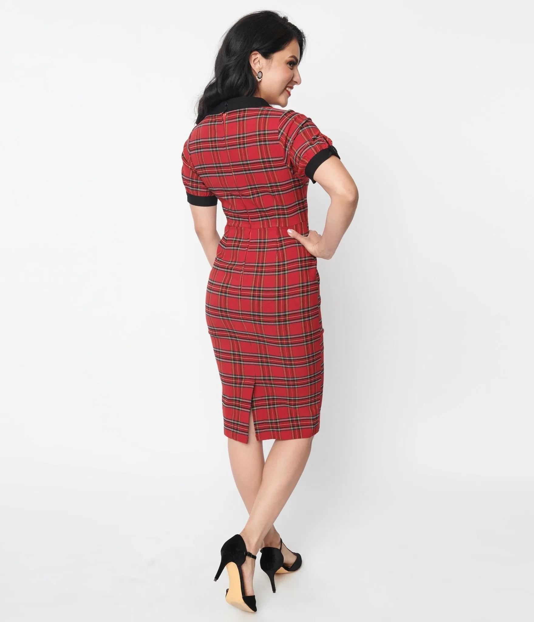 Unique Vintage Red Plaid & Black Trim Wiggle Dress sold by Unique Vintage product image thumbnail 3