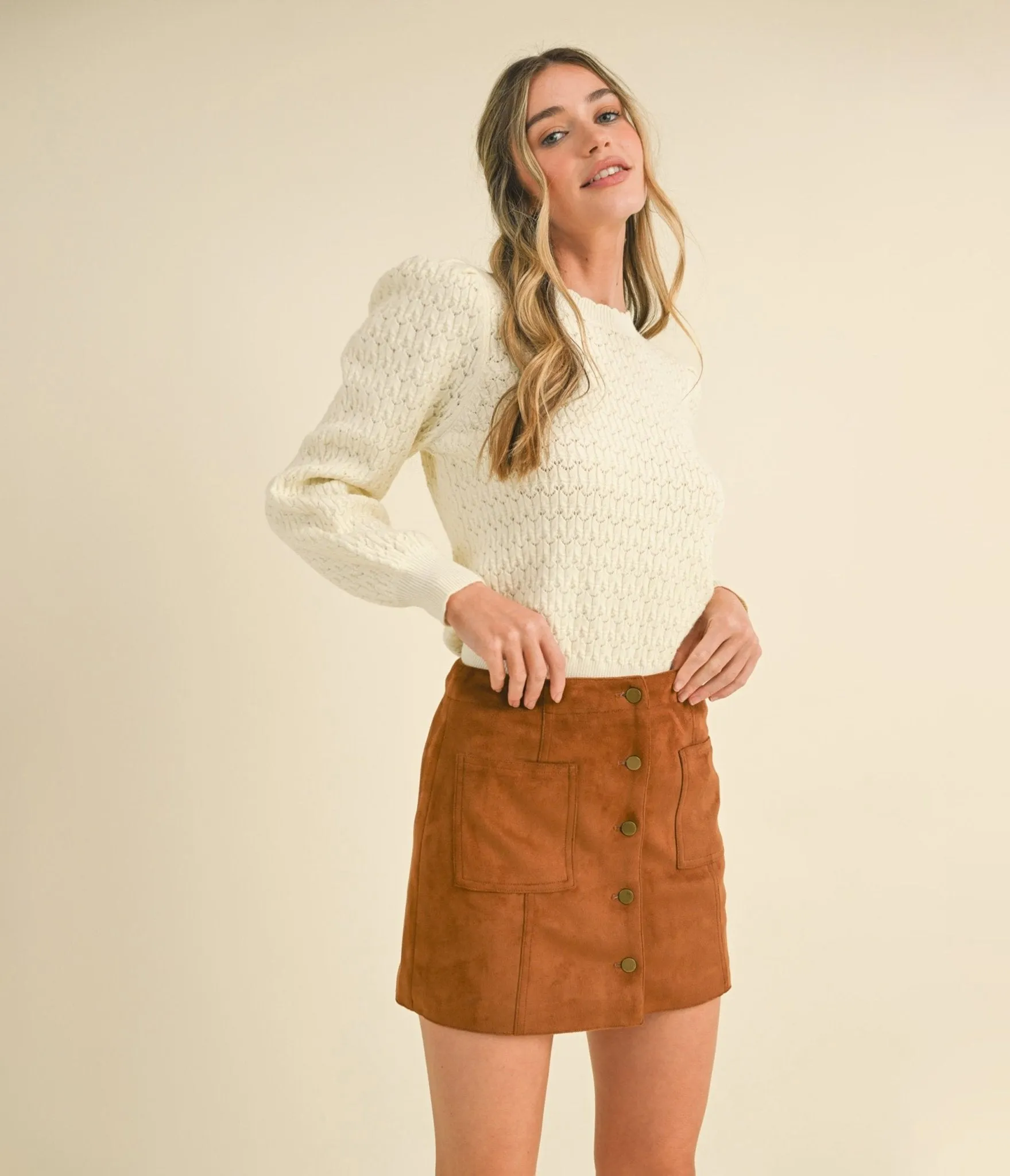 Ivory Puff Sleeve Scalloped Pointelle Sweater sold by Unique Vintage product image thumbnail 4