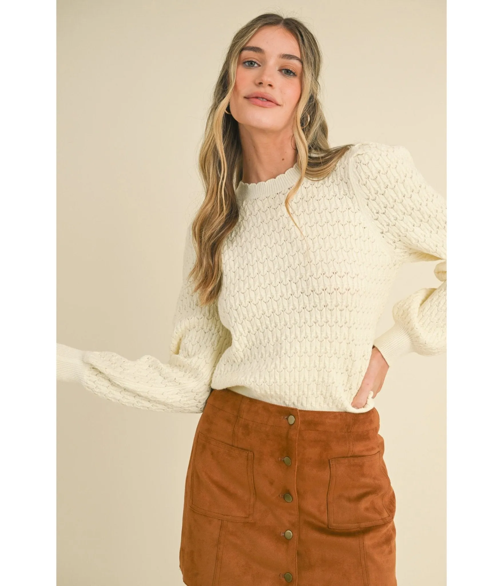 Ivory Puff Sleeve Scalloped Pointelle Sweater sold by Unique Vintage