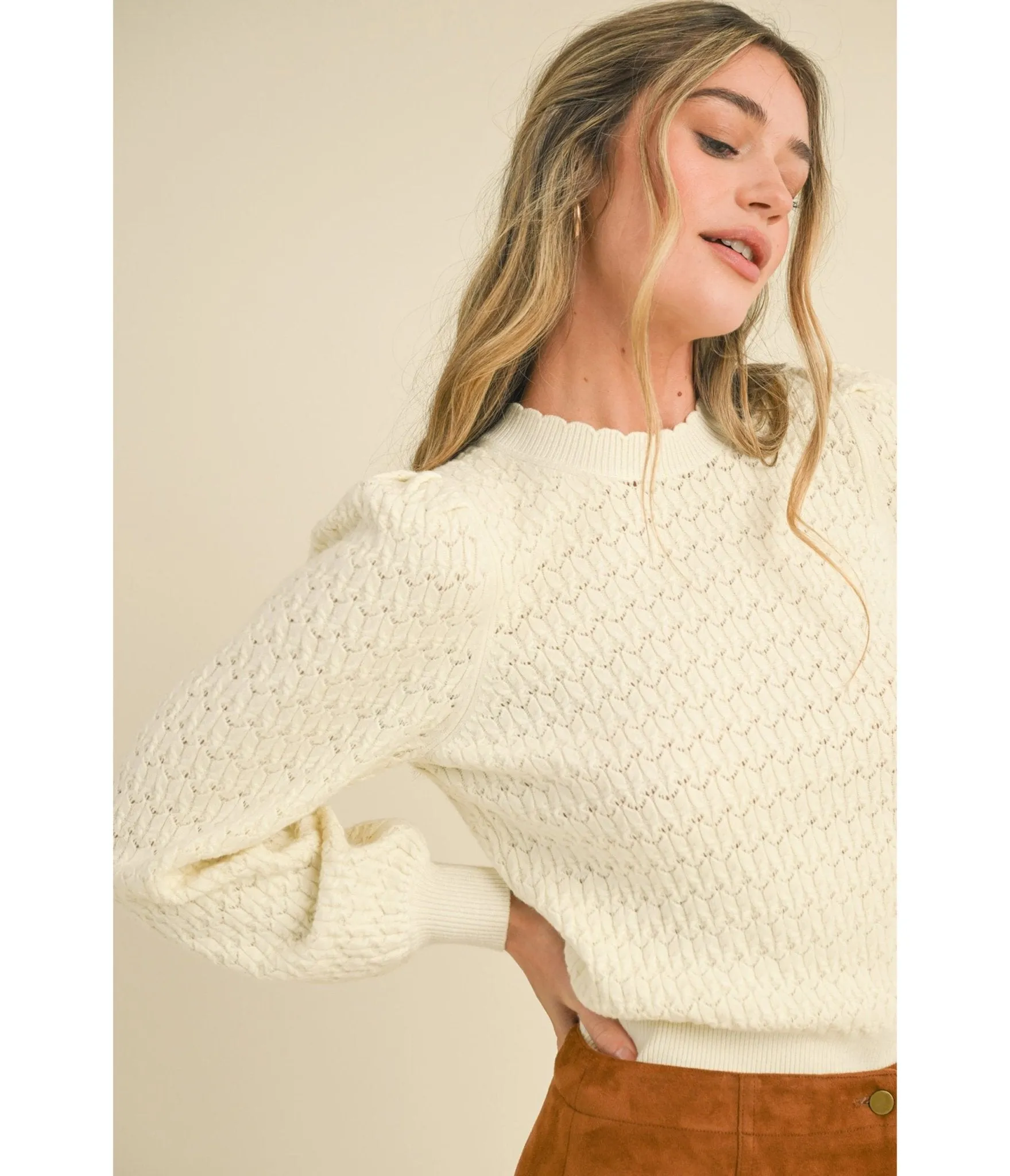 Ivory Puff Sleeve Scalloped Pointelle Sweater sold by Unique Vintage product image thumbnail 5