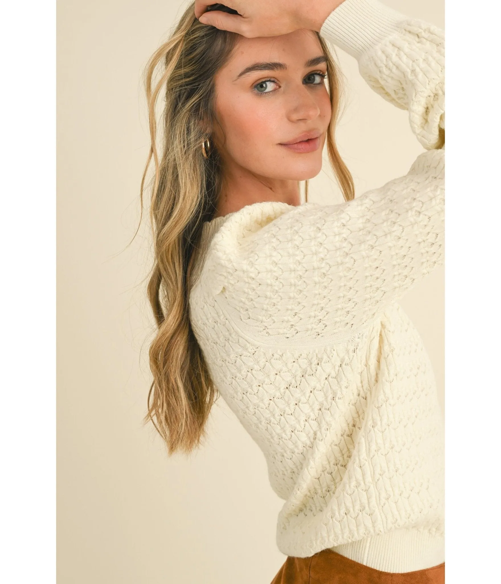 Ivory Puff Sleeve Scalloped Pointelle Sweater sold by Unique Vintage product image thumbnail 2