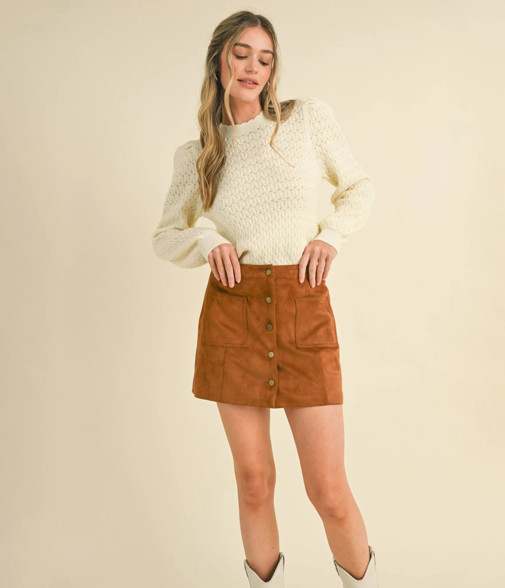 Ivory Puff Sleeve Scalloped Pointelle Sweater sold by Unique Vintage product image thumbnail 3