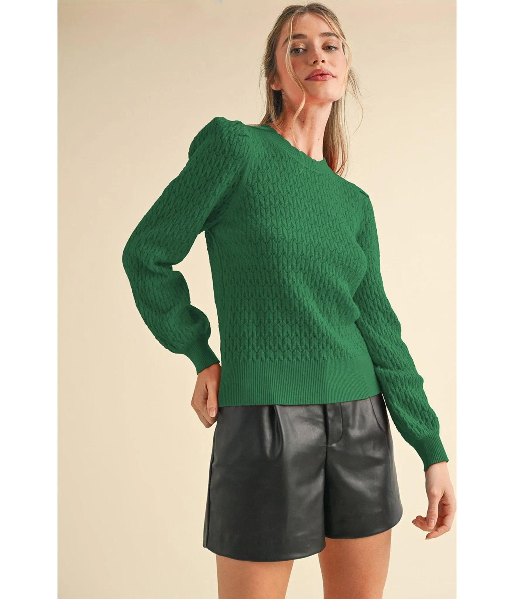 Green Puff Sleeve Scalloped Pointelle Sweater sold by Unique Vintage