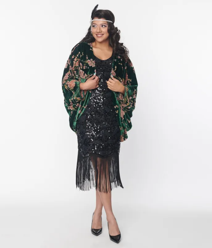 Unique Vintage Emerald Green Floral Burnout Velvet Kimono sold by Unique Vintage