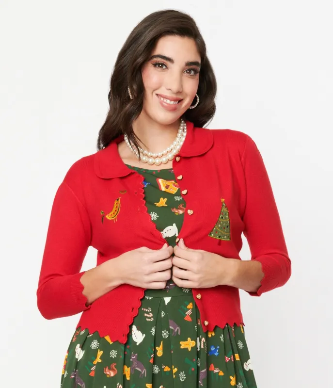 Red Scandi Embroidered Cardigan sold by Unique Vintage
