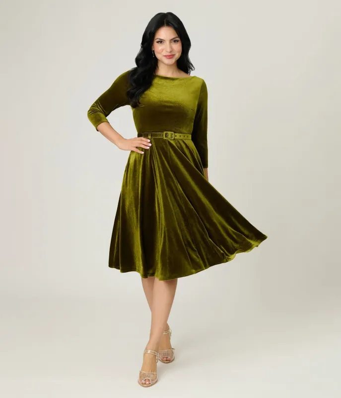 Unique Vintage Chartreuse Velvet Devon Swing Dress sold by Unique Vintage