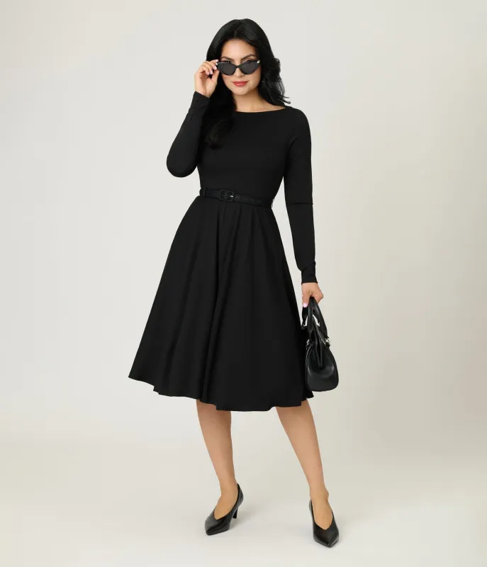 Unique Vintage Black Long Sleeve Devon Swing Dress sold by Unique Vintage