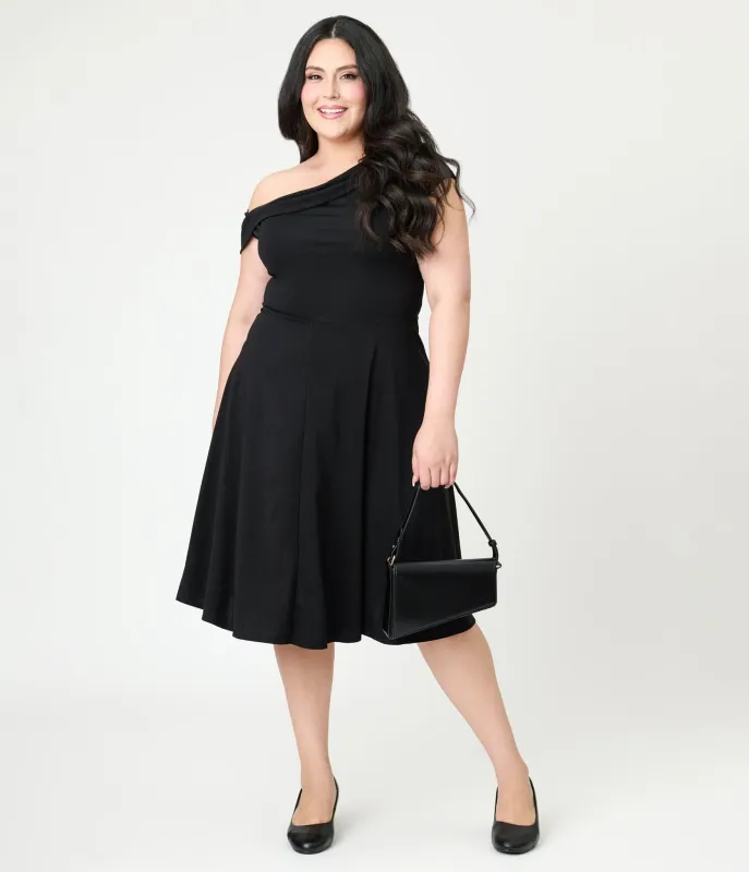 Unique Vintage Plus Size Black Asymmetrical Neck Swing Dress sold by Unique Vintage