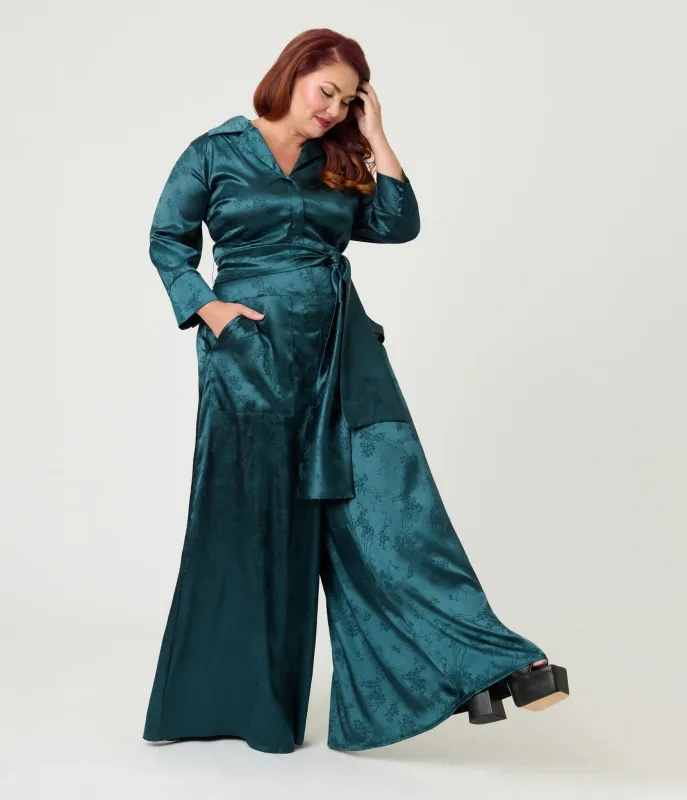 Unique Vintage Plus Size Teal Jacquard Satin Flare Jumpsuit sold by Unique Vintage