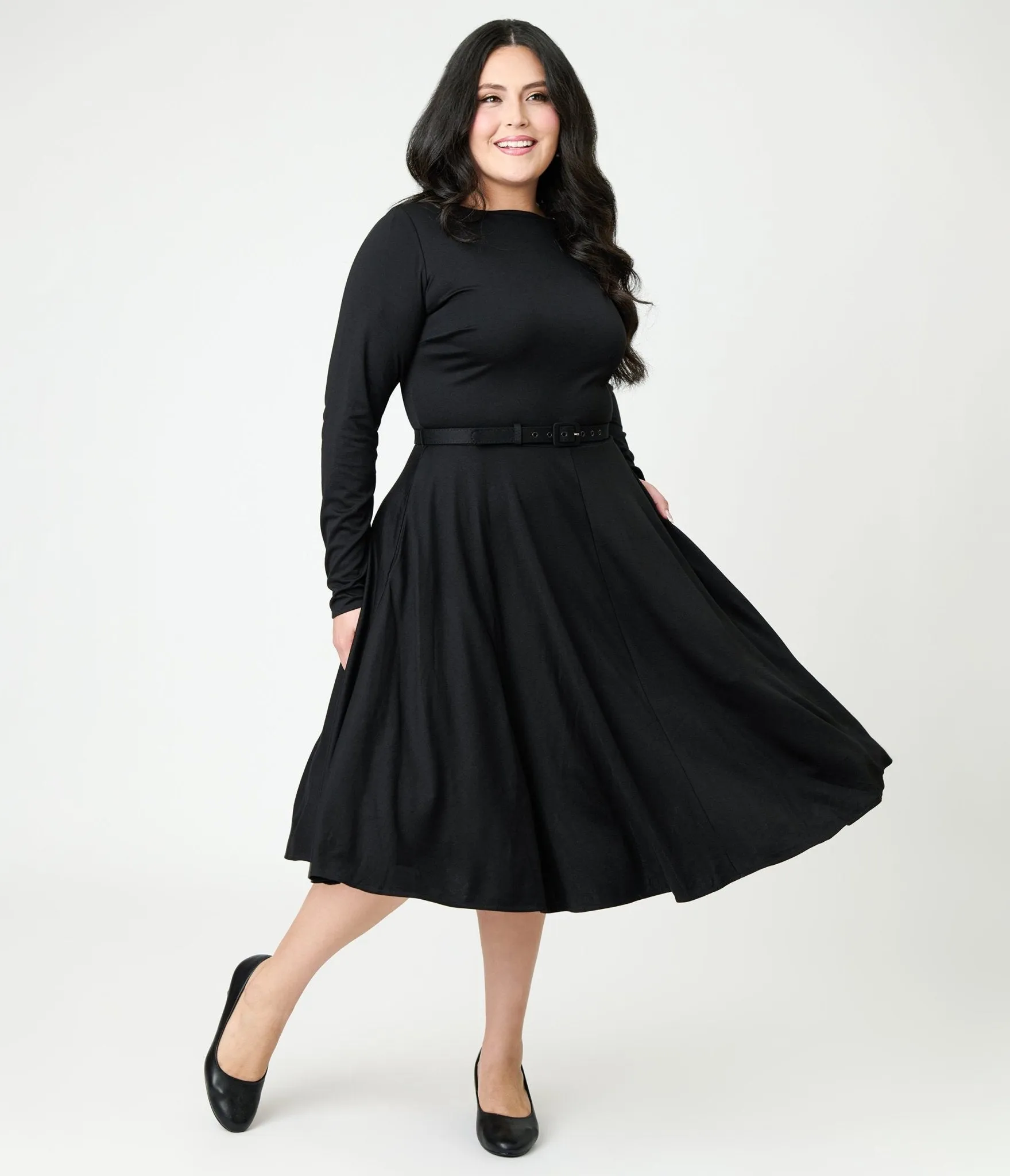 Unique Vintage Plus Size Black Long Sleeve Devon Swing Dress sold by Unique Vintage
