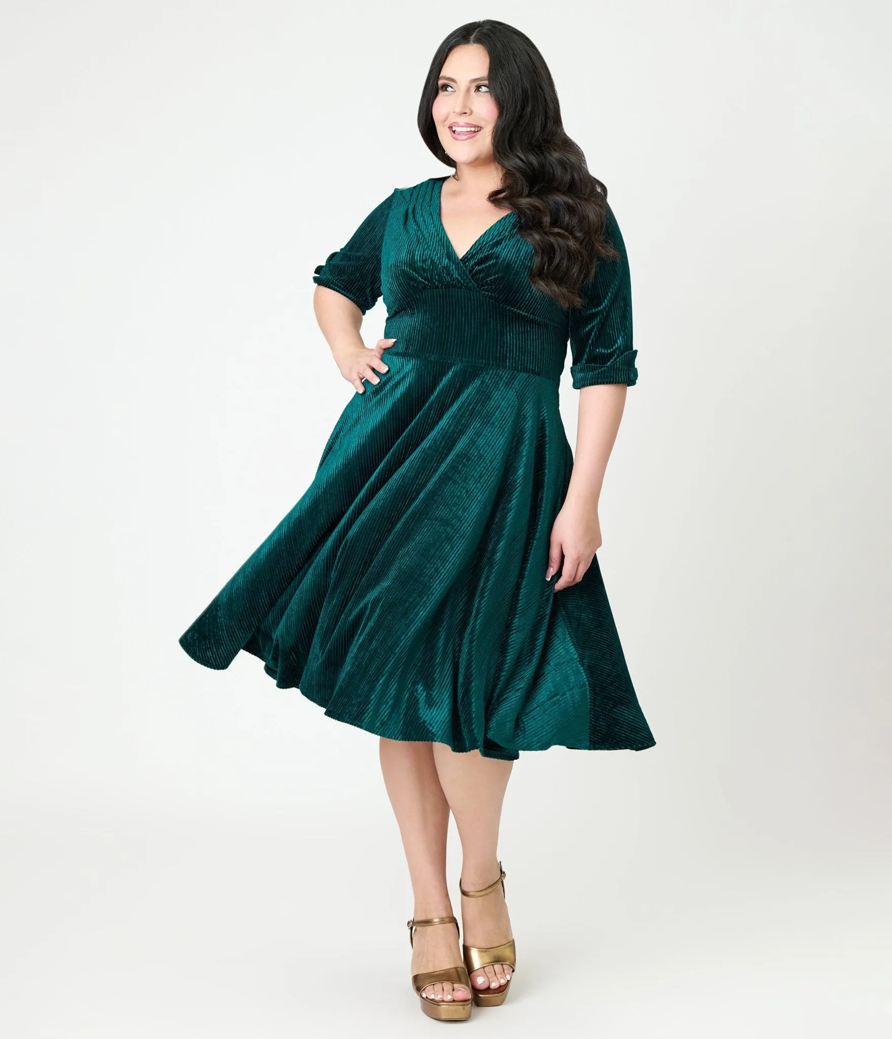 Unique Vintage Plus Size Emerald Textured Velvet Delores Swing Dress sold by Unique Vintage