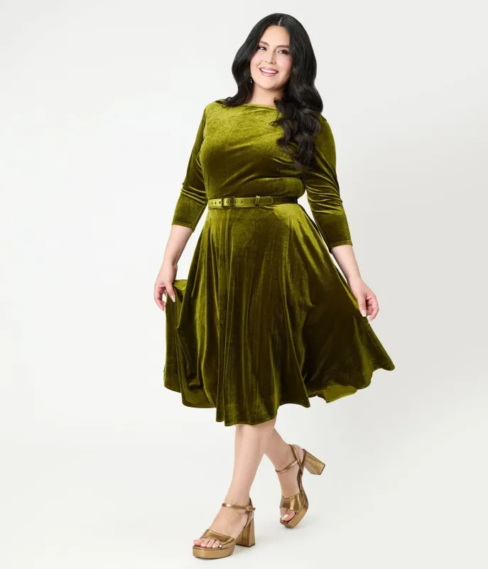 Unique Vintage Plus Size Chartreuse Velvet Devon Swing Dress sold by Unique Vintage