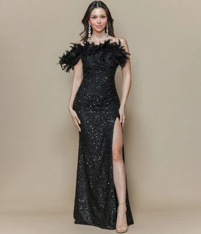 Black Feather Trim Strapless Sequin Dress sold by Unique Vintage