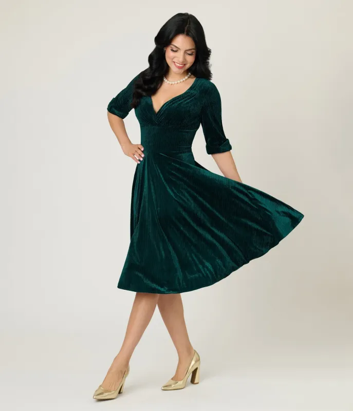Unique Vintage Emerald Textured Velvet Delores Swing Dress made by Unique Vintage