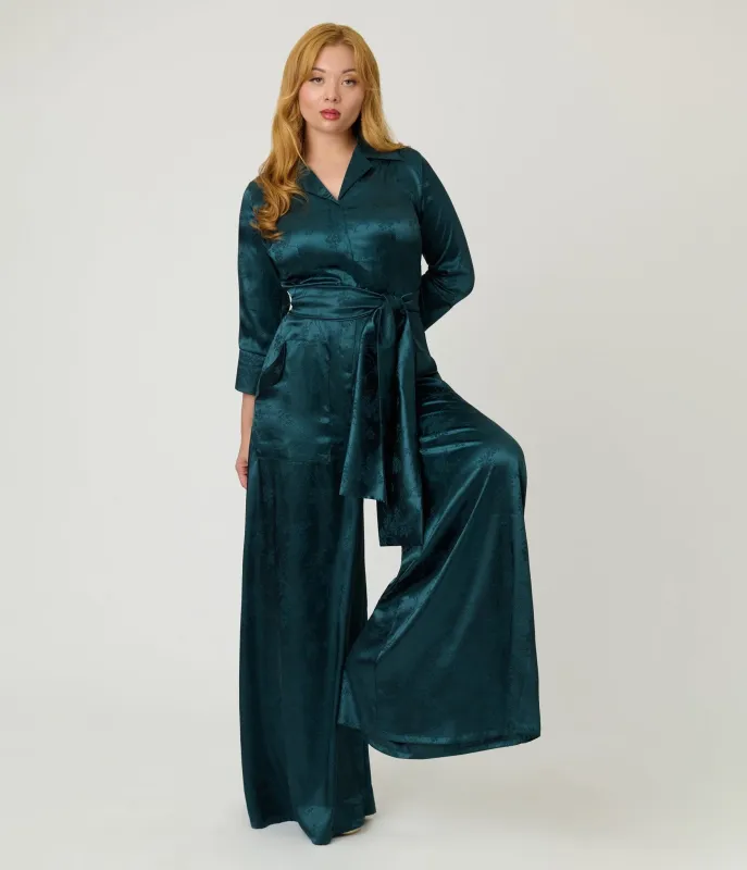 Unique Vintage Teal Jacquard Satin Flare Jumpsuit sold by Unique Vintage