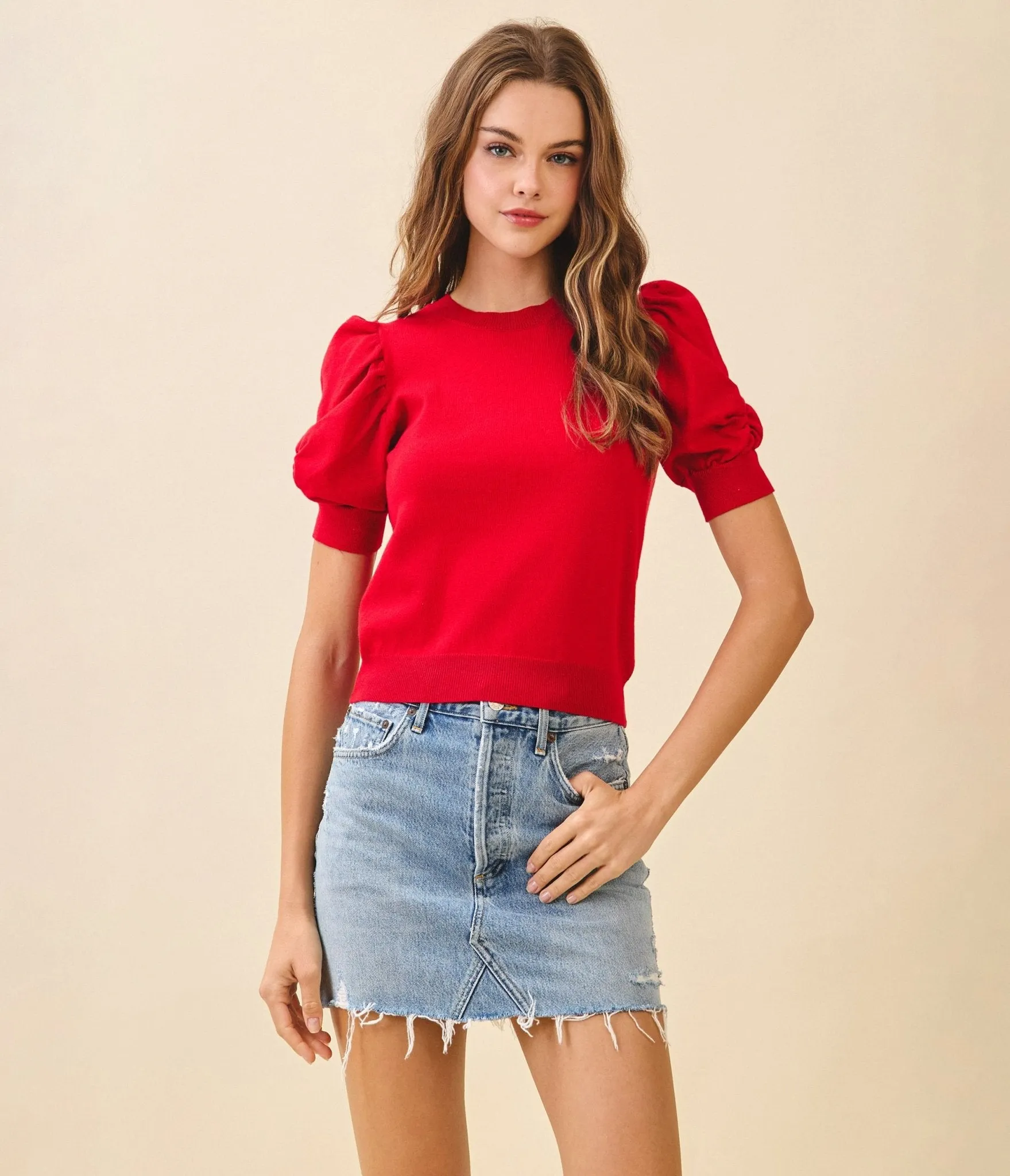Red Puffed Sleeves Knit Top sold by Unique Vintage